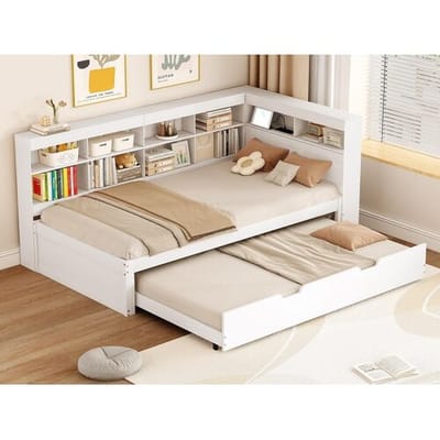 ModernLuxe Houten slaapbank 90x200cm - met onderschuifbed 90x190cm en USB-aansluiting - 10 vakken - Wit