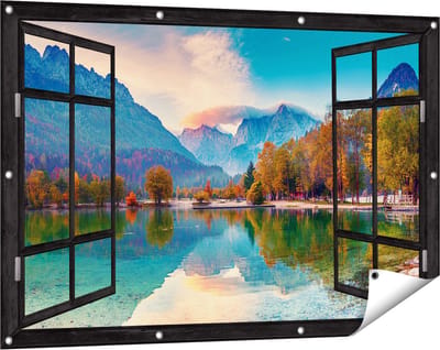 Gards Tuinposter Doorkijk Meer - 120x80 cm - Tuindoek - Tuindecoratie - Wanddecoratie buiten - Tuinschilderij
