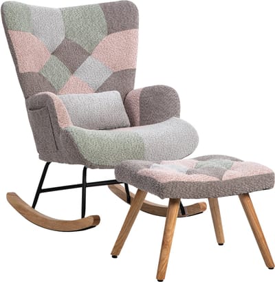 Schommelstoel - Lounge Schommelstoel - Houten Stoel-Relaxstoel – Lendenkussen –Rubberhout – Ergonomisch - Zijvak - Woonkamer - 93 cm- 2-Delig-Meerkleurig