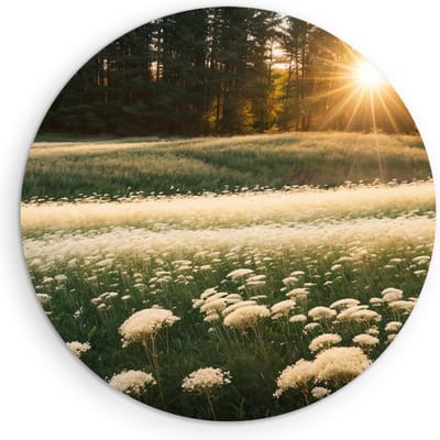 Saammp Muurcirkel Hout - Landschap - Witte bloemen in het bos - Natuur - Ø 90 - Wandcirkel - Wanddecoratie Cirkel - Muurdecoratie Woonkamer - Slaapkamer decoratie - Rond Schilderij