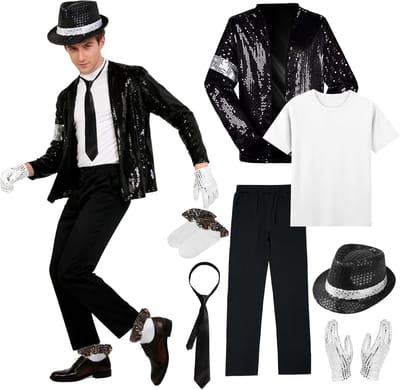 King of Pop kostuum, jaren 80 danseres rocker ster cosplay verkleedkostuum accessoires met jazz pailletten hoed jas top broek handschoenen sok stropdas koning van pop voor Halloween carnaval
