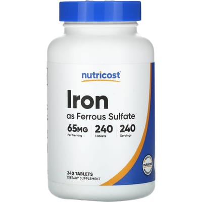 Nutricost, ferrosulfaat, ijzer, 65 mg, 240 tabletten
