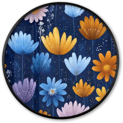 Poster in lijst Rond - Fotolijst 60x60 cm - Posters - Bloemen - Patroon - Blauw - Contrast - Ronde posterlijst zwart - Decoratie - Wanddecoratie woonkamer - Muurdecoratie slaapkamer