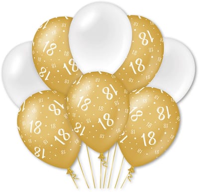 Q2P - 18 Jaar Ballon - Verjaardag Versiering - Wit & Goud - Helium Ballonnen - Feest Decoratie - 8 Stuks