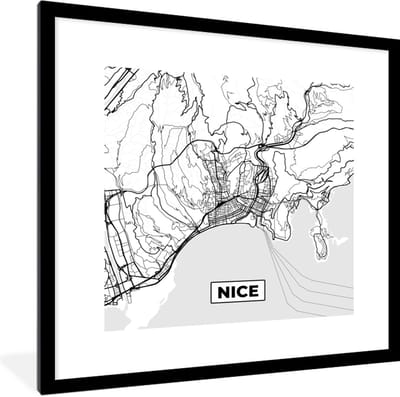 Fotolijst incl. Poster Zwart Wit- Kaart - Frankrijk - Nice - Stadskaart - Plattegrond - Zwart wit - 40x40 cm - Posterlijst