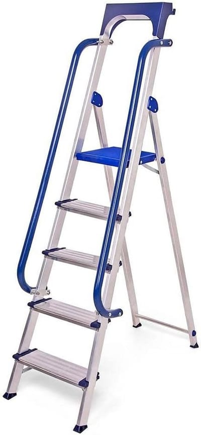 SnelShoppen - Trapladder 5 Treden Versterkt Aluminium met Leuningen, Gereedschapshouder, Platformhoogte 112 cm, Belastbaar tot 150 kg, Ideaal voor Klu