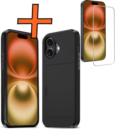 Hoesje Geschikt voor iPhone 16 Hoesje Pasjeshouder Shockproof Hard Case Met Screenprotector - Hoesje Geschikt voor iPhone 16 Hoes Met Kaarthouder - Zwart