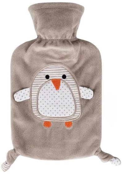 Famanu - Kinderwarmwaterkruik pinguïn – zachte thermoplast kruik met pluche overtrek 0,8L – veilig en duurzaam