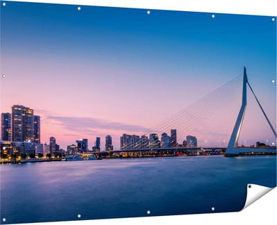 Gards Tuinposter Erasmusbrug in Rotterdam met Zonsondergang - 180x120 cm - Tuindoek - Tuindecoratie - Wanddecoratie buiten - Tuinschilderij
