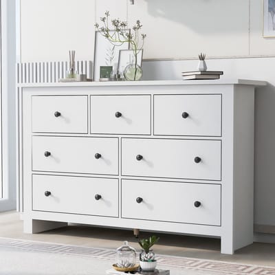 DESMIU Dressoir - Landelijke Opbergkast Met 7 Lades En Franse Uitstraling - Voor Keuken Hal Eetkamer En Woonkamer - Spaanplaat - 152x40x89 Cm - Wit