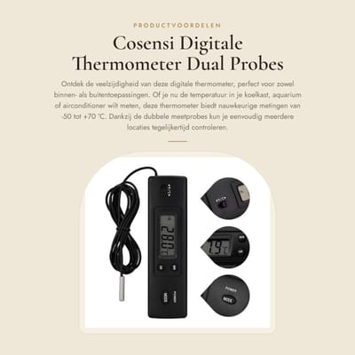 Dailygoods - Digitale Thermometer - Dual Probes - Voor Binnen en Buiten - Zwart - Temperatuurmeting - Geschikt voor Koelkasten, Aquariums, Airco's