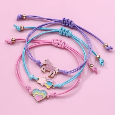 Bixorp Friends Vriendschapsarmbandjes voor 3 met Eenhoorn, Hartje & Sterretje - Roze | Paarse | Blauwe Bandjes - BFF Armband met Glitters