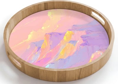 Dienblad rond 40x40 cm - Schootdienblad hout - Bergtoppen - Wolken - Dromerig - Borrelplank rechthoek - Plateau houten dienbladen
