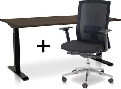 Zit-sta bureau elektrisch verstelbaar +  ERGO Bureaustoel | ARBO PRO NEN-EN 527 Thuiswerkset | frame bureau zwart - bureaublad bruin eiken | 120x80 cm