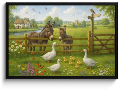 Poster in lijst - Fotolijst 90x60 cm - Posters - Ezels - Ganzen - Kleurrijk - Posterlijst zwart - Decoratie - Wanddecoratie woonkamer - Muurdecoratie slaapkamer