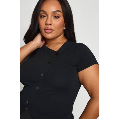 boohoo Dames Plus asymmetrisch top met knoopsluiting en capmouwen | Zwart | Maat: 44