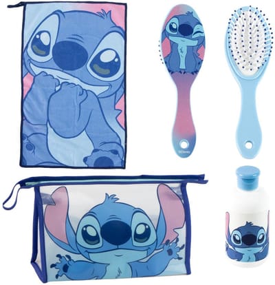 Disney Stitch Verzorgingsset – Toilettas, Drinkfles, Haarborstel en Handdoek – Officieel Gelicenseerd