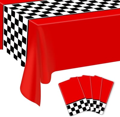 Set van 4 Rechthoekige Plastic Tafelkleedjes voor Verjaardagsfeestjes, Racethemakleding en Kinderfeestdecoratie