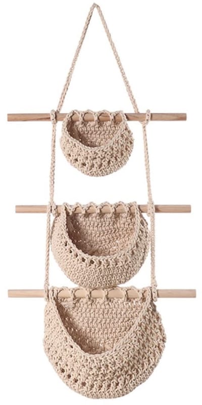 longziming -Hangende Fruitmand - Drie-Laags Opbergrek - Hanger Etagère - Ruimtebesparend Ontwerp - Zacht Vruchtenbeschermend Weefsel - Natuurplantenvezel - Boho Exotische Stijl - Veelzijdig Voor Keuken En Woonkamer - 1 Stuk