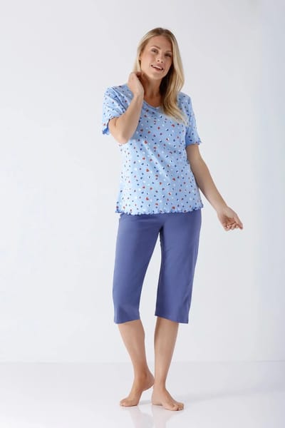 Hajo Dames Pyjama met capri broek - Lichtblauw – 100% Gekamde Katoen - maat 36/38