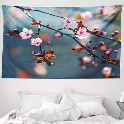 ABAKUHAUS Natuurtapijt, Japanse kersenbloesem op een tak (Sakura-thema), 230 x 140 cm, lichtroze en oranje