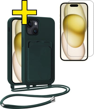 Hoesje Geschikt voor iPhone 15 Plus Telefoonhoesje Met Koord Case Pashouder Met Screenprotector Siliconen - Hoes Geschikt voor iPhone 15 Plus Hoesje Met Kaarthouder - Donkergroen