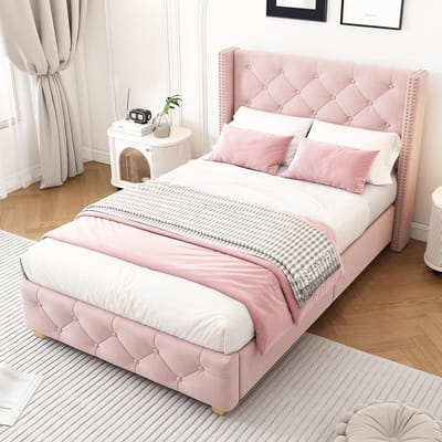 Gestoffeerd Bed - Eenpersoonsbed Logeerbed - Slaapkamer Inrichting - Gevoerd Hoofdeinde - 90x200 cm - Roze Fluweel