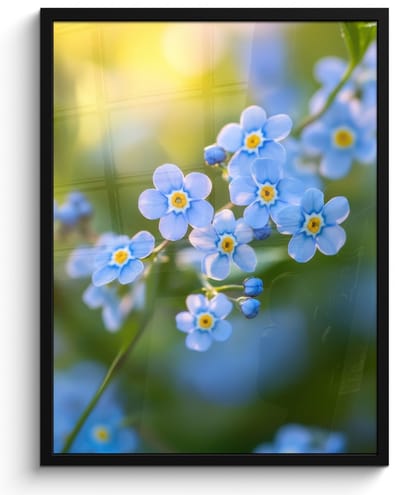 Poster in lijst - Fotolijst 50x70 cm - Posters - Bloemetjes - Blauw - Vergeet mij nietjes - Posterlijst zwart - Decoratie - Wanddecoratie woonkamer - Muurdecoratie slaapkamer