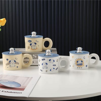 Cartoon Hond met Deksel met Lepel Souvenir Cadeau Keramische Kop Schattige Mok Creatieve Kop Gepersonaliseerde Waterbeker Studentenbeker 420ML gray