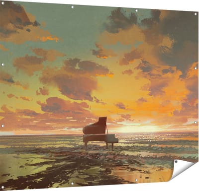 Gards Tuinposter Piano op het Strand bij Zonsondergang - 150x120 cm - Tuindoek - Tuindecoratie - Wanddecoratie buiten - Tuinschilderij