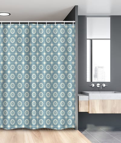 New Bed, Marokkaans Circulaire Oriëntaal Symmetrisch Blauw Douchegordijn Badkamer Decor Set met Haakjes,Douchegordijn 120 cm B 180 cm L