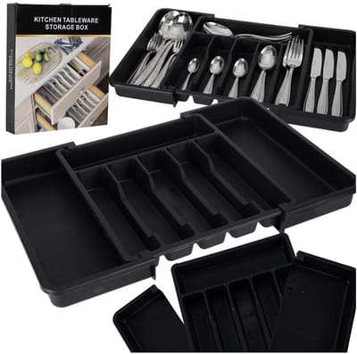 Bestek Organizer Lade - Uitschuifbare Bestekbak - Verstelbare Lade Organizer 33-56,5 cm - 8 Vakken - Bestekindeler voor Keukenlade - Zwart - Kunststof Bestekhouder