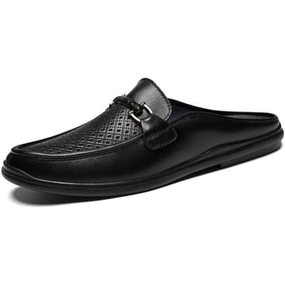 Luxe Heren Pantoffels Echt Leer Half-Slee Casual Schoenen Hoge Kwaliteit Instappers Ademend Zomer Heren Platte Strand Sandaal 45 black