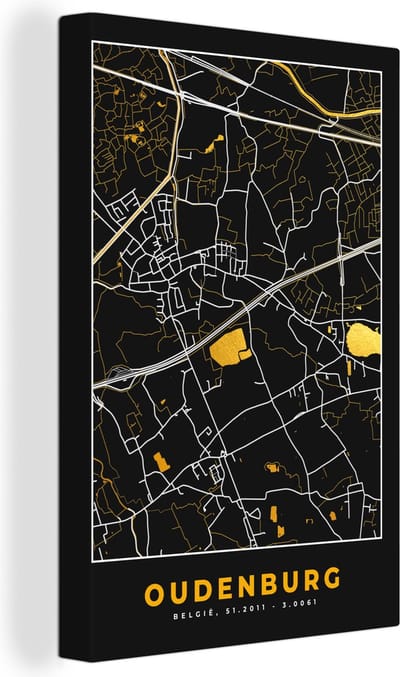 Canvas Schilderij Kaart - Oudenburg - Plattegrond - Goud - Stadskaart - 20x30 cm - Wanddecoratie