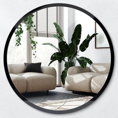 Wallfluent Bedrukte Ronde Spiegel - Zwart Spiegel op gehard Glas - Ronde Spiegel - 40 cm / 36 cm - Spiegel Met Haken - Badkamerspiegel - Gangspiegel - Eetkamer - Inloopkastspiegel - Badkamerspiegel - Toiletspiegel -