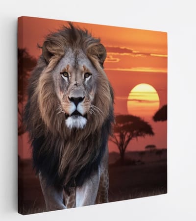 Saammp Canvas Schilderij - Leeuw met afrikaanse zonsondergang - Dieren - Natuur - 20x20 - Foto op canvas - Wanddecoratie - Muurdecoratie Woonkamer - Slaapkamer decoratie - Canvas Print