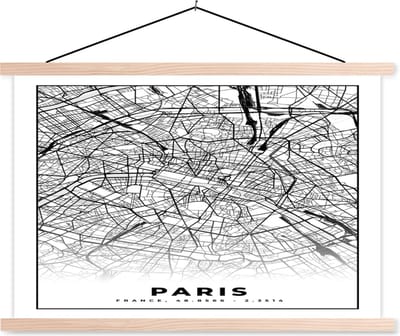 Posterhanger incl. Poster 90x60 cm - Schoolplaat - Kaart - Paris - Plattegrond - Parijs - Frankrijk - Stadskaart - Zwart wit - Textielposter - Blanke latten - Stadskaart
