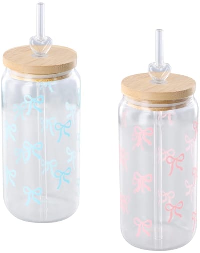 Dailygoods- Bierblikjes Set van 2 - 16 oz Waterglazen - Herbruikbaar met Deksel - Bamboe Rietje - Roze/Blauwe Strik - Duurzaam Glas - Drinkglazen