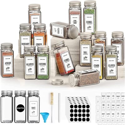Famanu - Kruidenopslagpotten, Kruidenpotten met Shaker Deksels, 4oz Vierkante glazen Kruidenfles potten 120ml Keuken Kruiden Containers voor Keuken Zout Peper Kruid Kruid en Kleine Items Opslag en Organisatie