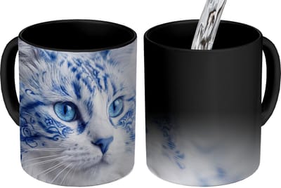 Magische Mok - Foto op Warmte Mokken - Koffiemok - Kat - Patroon - Blauw - Magic Mok - Beker - 350 ML - Theemok