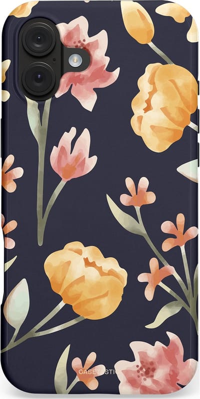 Casetastic hoesje geschikt voor Apple iPhone 16 Plus - MagSafe - Dubbellaagse bescherming - Bloemen Nacht - Fashion Case - Zwart Taupe Perzik Grijs