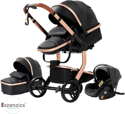 Eszenzics™ Luxe Kinderwagen 3-in-1 - incl. Autostoel - Multifunctionele 3-in-1 Buggy - 0-3 jaar - Zwart/Goud - PU-leder bekleding - All-terrain
