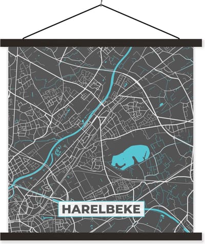 Posterhanger incl. Poster 60x60 cm - Schoolplaat - Plattegrond – Harelbeke – Blauw – Stadskaart - Kaart - Textielposter - Zwarte latten - Stadskaart
