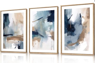Ingelijste Canvas Kunst - Abstracte Muurschildering - Woonkamer Decoratie - Set van Drie - 16x24 Inch - Blauw Bruin