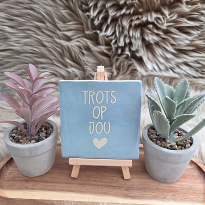 Robuust Wenstegeltje “Trots op Jou” – Lief Cadeautegeltje met Hartje – Trendy nu – Geslaagd – Vriend(in) – Familie – Gezin – Zomaar – Cadeau – Geslaagd – Decoratief Tegeltje met Standaard – Cadeau Idee