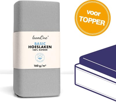 Loom One Hoeslaken Topper – 100% Jersey Katoen – 140x200 cm – tot 12cm matrasdikte– 160 g/m² – Grijs