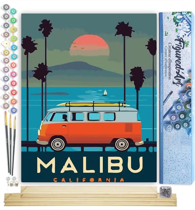 Figured'Art Schilderen op Nummer Volwassenen canvas Reisposter Malibu Californië- Handwerk acrylverf Kit DIY Compleet - 40x50cm met DIY houten lijst