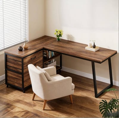 L-Vormig Bureau - Omkeerbaar Hoekbureau Met Lades En Open Vakken - Voor Thuiswerk En Studie - Metaal En Hout - 135x100x75 Cm - Zwart Bruin