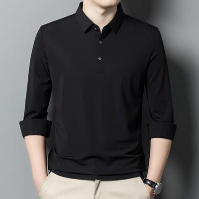 Lente Nieuw T-shirt met Lange Mouwen Heren Dunne Revers Casual Effen Kleur Middenleeftijd Vader Heren Poloshirt XL black