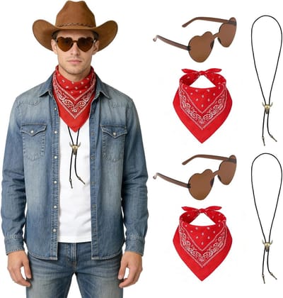 Set van 6 Cowboy Kostuumaccessoires met Paisley Bandana, Hartvormige Zonnebril en Bull Head Ketting voor Halloween en Wild West Feesten